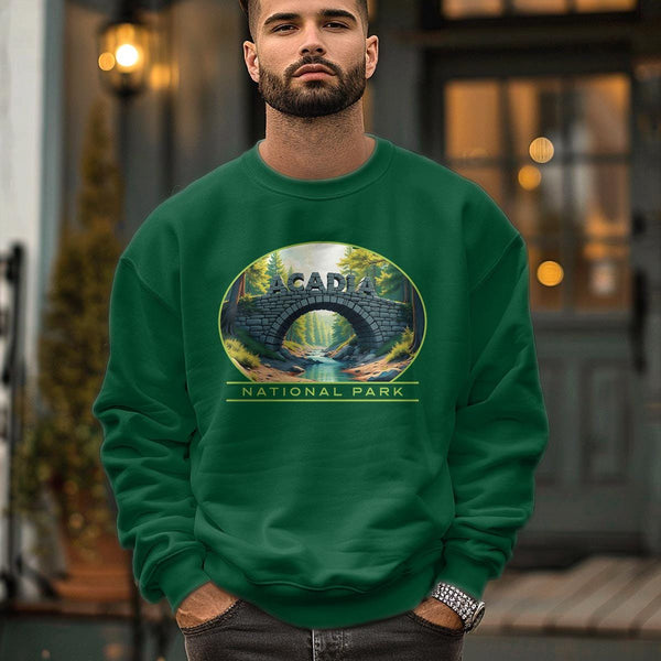 Sweatshirt; Acadia Maine Stone Arch Bridge Adult Sweatshirt Unisex S-2X, Cotton Poly Blend, Maine Sweatshirts