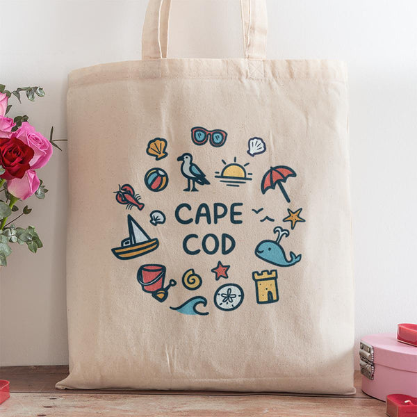 Tote Bag; Cape Cod Playful Beach Icons Tote, Canvas Grocery Totes, Large Tote Bag, Everyday Totes, Market Bags, Reusable Grocery Bag