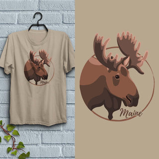 T-Shirt: Maine Moose Head Circle, 100% Cotton, S-XXL, Adult Unisex Tshirts, Exclusive Retroplanet Design, ME tshirts