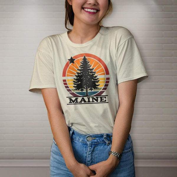 T-Shirt: Maine Tree Star Circle Burst, 100% Cotton, S-XXL, Adult Unisex Tshirts, Exclusive Retroplanet Design, ME tshirts