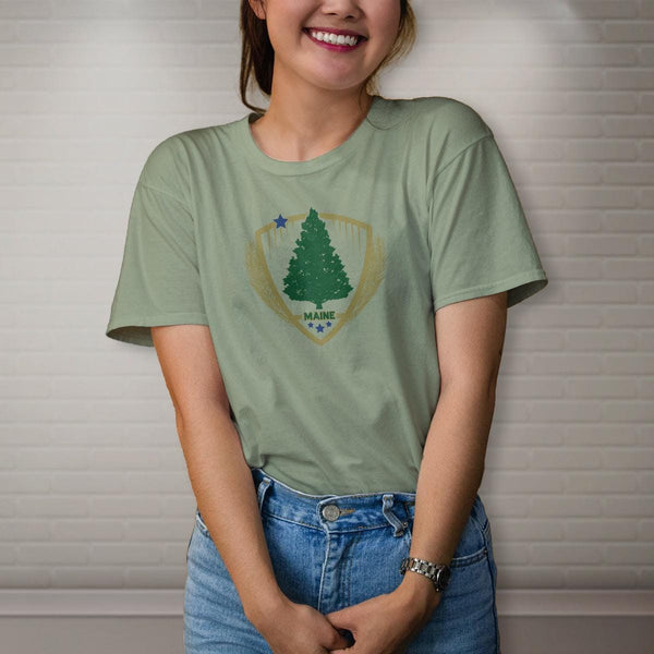 Maine Shield Star & Pine Tree T-Shirt, Adult Unisex Shirt Sizes S - XXL, 100% Cotton, ME Souvenir Tshirts, Maine T-shirts