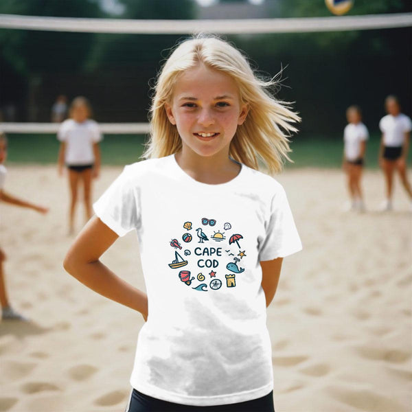 T-Shirt: Cape Cod Playful Beach Icons T-Shirt, 100% Cotton, Youth Unisex XS-XL, Travel Souvenir Tshirts