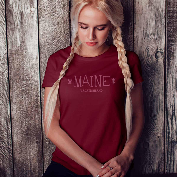 Maine Vacationland Funky Font T-Shirt, Adult Unisex, Kelly Green, Cardinal, Dark Chocolate, or Carolina Blue, 100% Cotton, S-XXL