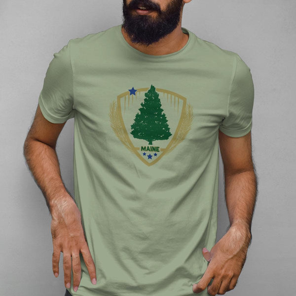 Maine Shield Star & Pine Tree T-Shirt, Adult Unisex Shirt Sizes S - XXL, 100% Cotton, ME Souvenir Tshirts, Maine T-shirts