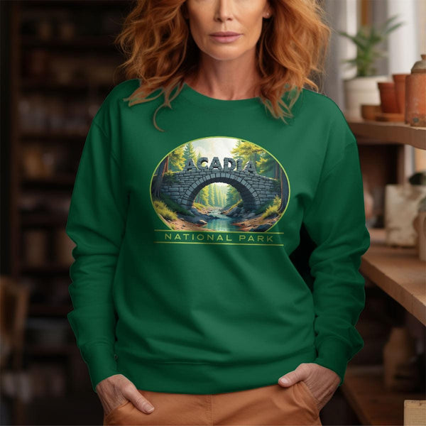 Sweatshirt; Acadia Maine Stone Arch Bridge Adult Sweatshirt Unisex S-2X, Cotton Poly Blend, Maine Sweatshirts