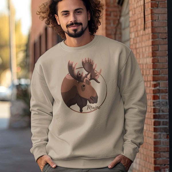 Sweatshirt; Maine Moose Head Circle Design Adult Unisex Sweatshirt Sizes S - XXL, 50/50 Cotton Poly Blend, ME Souvenir, Maine Apparel