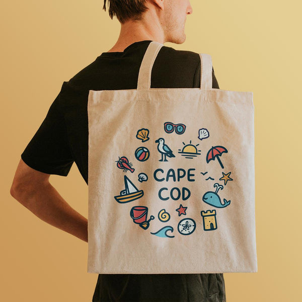 Tote Bag; Cape Cod Playful Beach Icons Tote, Canvas Grocery Totes, Large Tote Bag, Everyday Totes, Market Bags, Reusable Grocery Bag