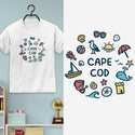 T-Shirt: Cape Cod Playful Beach Icons T-Shirt, 100% Cotton, Youth Unisex XS-XL, Travel Souvenir Tshirts