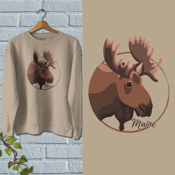 Sweatshirt; Maine Moose Head Circle Design Adult Unisex Sweatshirt Sizes S - XXL, 50/50 Cotton Poly Blend, ME Souvenir, Maine Apparel