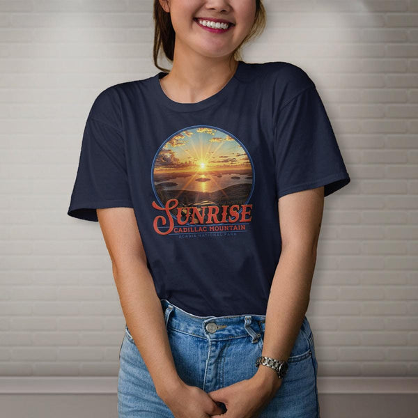 T-Shirt: Cadillac Mountain Sunrise Acadia National Park, 100% Cotton, S-XXL, Adult Unisex Tshirts, Exclusive Retroplanet Design, ME tshirts