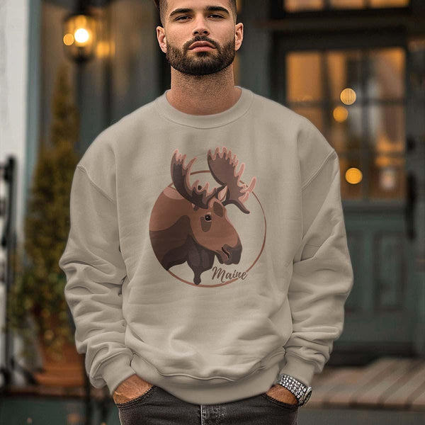 Sweatshirt; Maine Moose Head Circle Design Adult Unisex Sweatshirt Sizes S - XXL, 50/50 Cotton Poly Blend, ME Souvenir, Maine Apparel