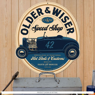 Older and Wiser Speed Shop Blue Sign Large Cut Out 24 x 27