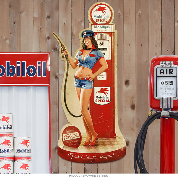 Mobil Gas Pump Girl Pin Up Sign Large Cut Out 17 x 36