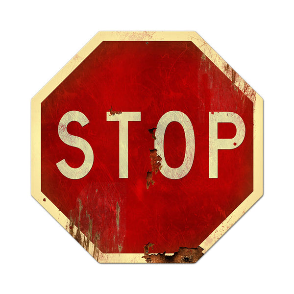 Stop Sign Large Cut Out Distressed Metal 28 x 28