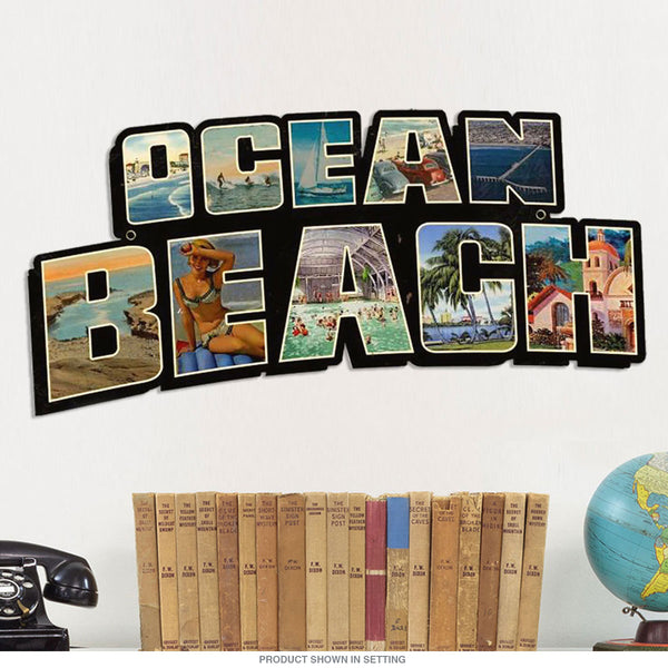 Ocean Beach Retro Postcard Style Sign Large Cut Out 28 x 14