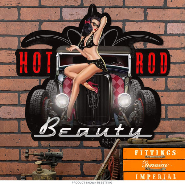 Hot Rod Beauty Pin Up Sign Large Cut Out 24 x 23