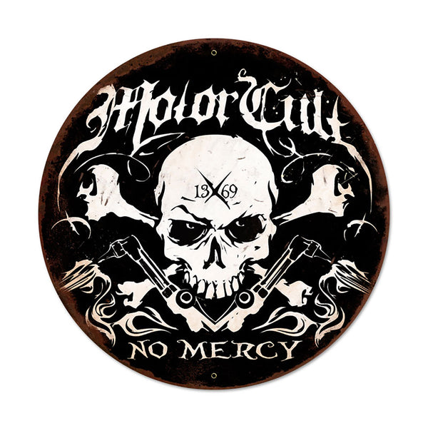 Motorcult No Mercy Skull Metal Sign Large Round 28 x 28