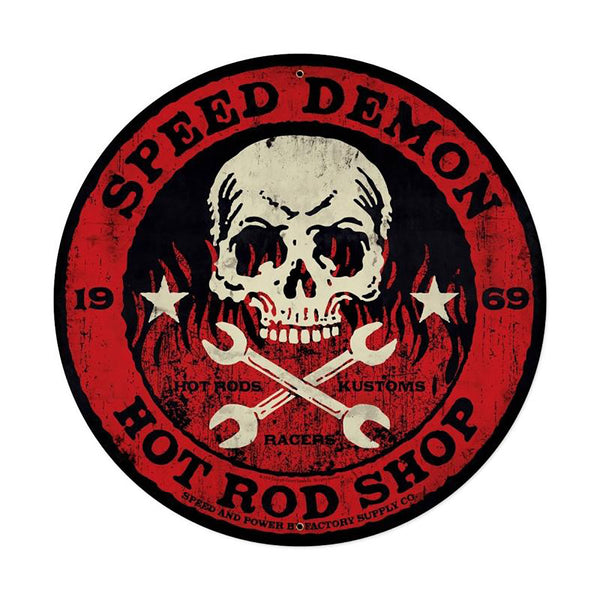 Speed Demon Hot Rod Shop Skull Metal Sign Large Round 28 x 28