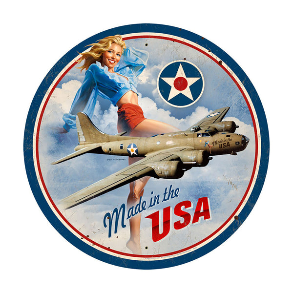 Made In The USA B17 Bomber Pinup Round Sign Large 28 x 28