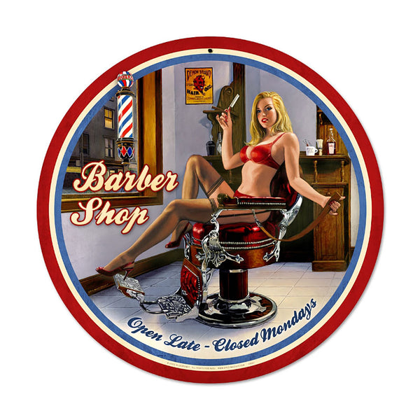 Barber Shop Open Late Pinup Metal Sign Large Round 28 x 28