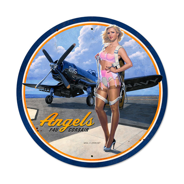 F4U Corsair Airplane Angels Pinup Metal Sign Large Round 28 x 28