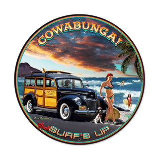 Cowabunga Surfs Up Woody Pinup Metal Sign Large Round 28 x 28