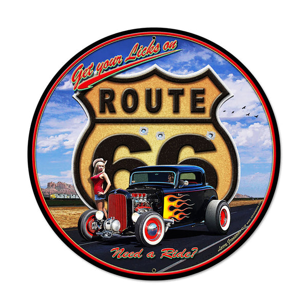 Route 66 Need A Ride Hot Rod Babe Metal Sign Large Round 28 x 28