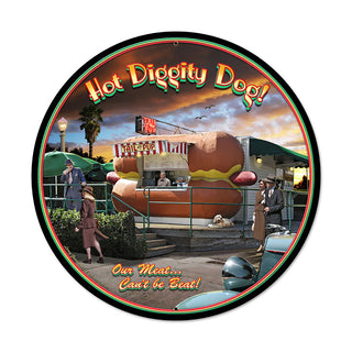 Hot Diggity Dog Hot Dog Stand Metal Sign Large Round 28 x 28