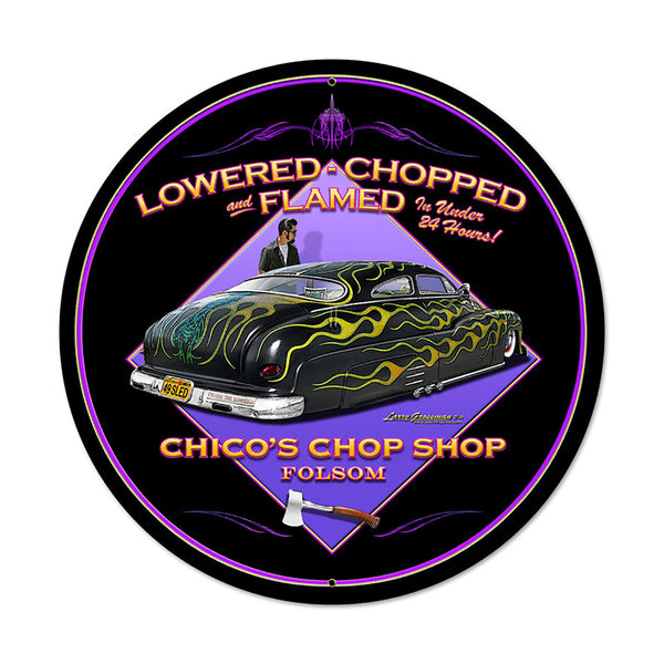 Chicos Chop Shop Chopped And Flamed Round Sign Large 28 x 28