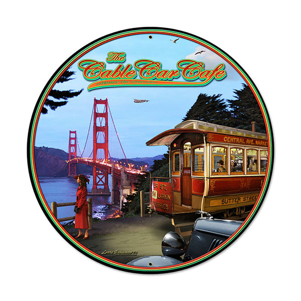 Cable Car Cafe Trolley Metal Sign Large Round 28 x 28