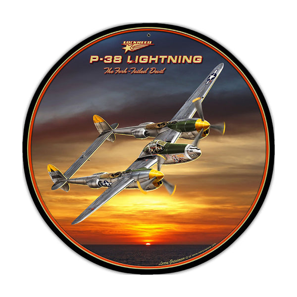 Lockheed P-38 Lightning Metal Sign Large Round 28 x 28