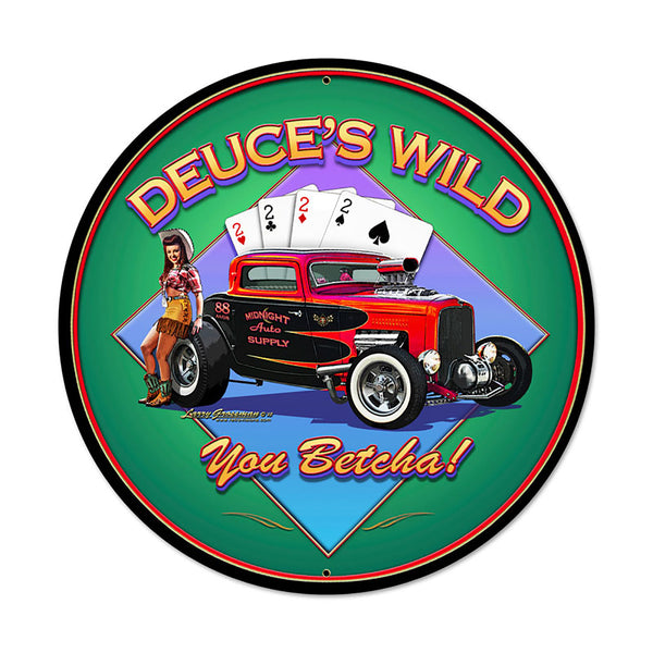 Dueces Wild Poker Hot Rod Metal Sign Large Round 28 x 28