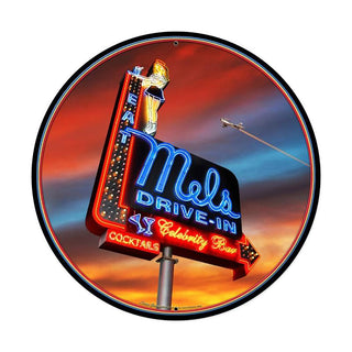 Mels Drive In Sunset Marquee Metal Sign Large Round 28 x 28