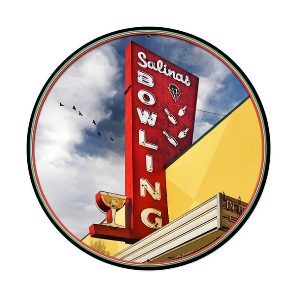 Salinas Bowling Alley Marquee Metal Sign Large Round 28 x 28