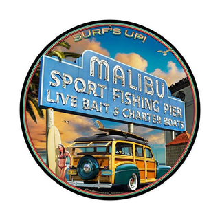 Surfs Up Malibu Fishing Pier Metal Sign Large Round 28 x 28