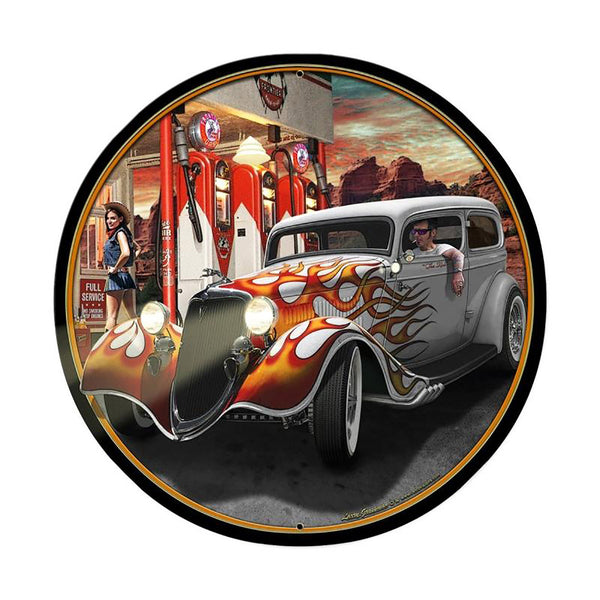 Flaming Hot Rod Gas Station Metal Sign Large Round 28 x 28