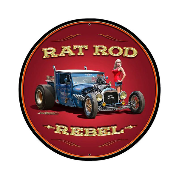 Rat Rod Rebel Hot Rod Metal Sign Large Round 28 x 28