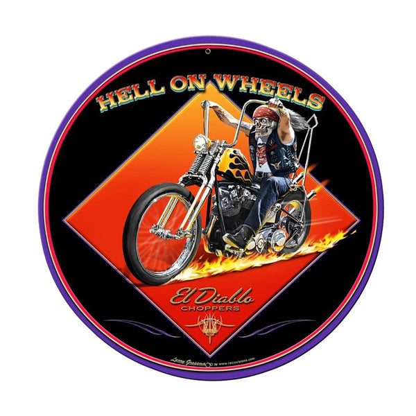 Hell On Wheels Chopper Metal Sign Large Round 28 x 28
