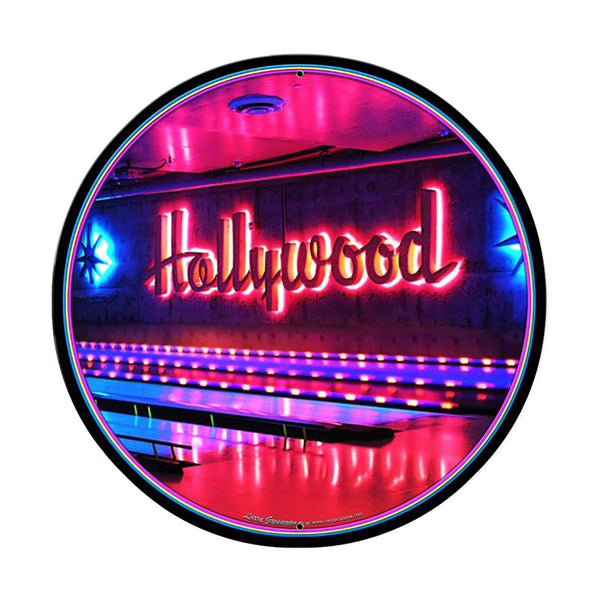 Hollywood Bowling Alley Metal Sign Large Round 28 x 28
