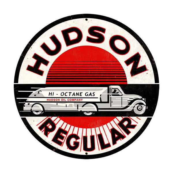 Hudson Regular Gasoline Metal Sign Large Round 28 x 28