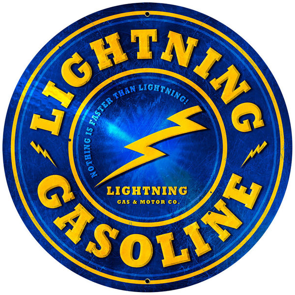 Lightning Gasoline Metal Sign Large Round 28 x 28