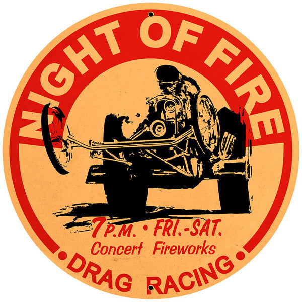 Night Of Fire Drag Racing Metal Sign Large Round 28 x 28