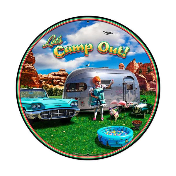 Lets Camp Out Quirky Metal Sign Large 28 x 28