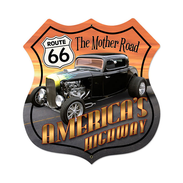 Route 66 Americas Highway Hot Rod Shield Sign Large 28 x 28