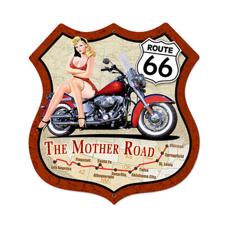 Route 66 Motorcycle Babe Pin Up Shield Sign Large 28 x 28