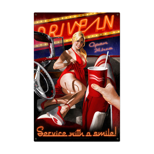 Drive In Diner Service with a Smile Pin Up Sign Large 24 x 36