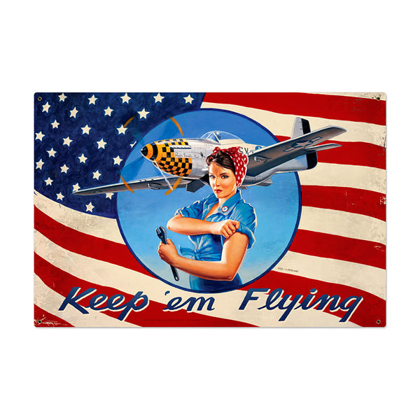 Rosie Riveter Keep em Flying Patriotic WWII Sign Large 36 x 24 36 x 24