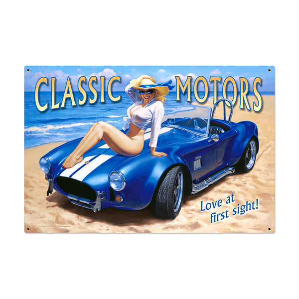 Classic Motors Race Car Beach Babe Pin Up Sign Large 36 x 24