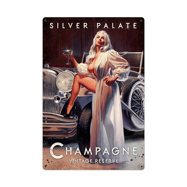Silver Palate Champagne Pin Up Bar Sign Large 24 x 36