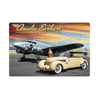 Amelia Earhart Plane & Classic Car Sign Large 36 x 24